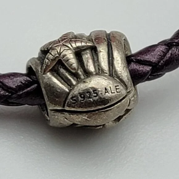 Pandora Brown Woven Leather Bracelet 6" With 3 Sterling Silver Charms All Marked - Picture 8 of 9